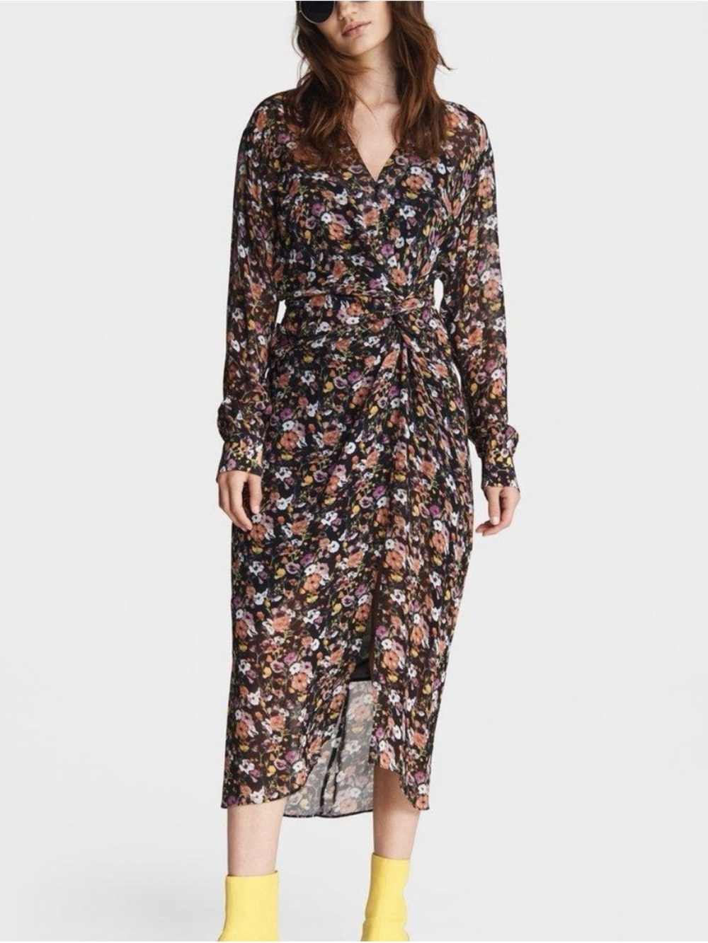 rag & bone Black Floral Wrap Midi Dress